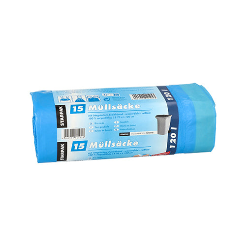 Abgebildet ist eine gerollte Packung mit 15 blauen Starpak Müllsäcken mit Zugband (LDPE, 120 l, 100 x 70 cm). Das deutsche Etikett zeigt Produktdetails, ein Mülleimer-Bild und betont das praktische Zugband zum einfachen Zubinden.