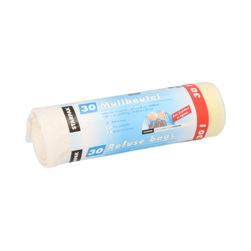 Eine Rolle mit 30 Starpak Müllbeuteln mit Zugband (62 x 53 cm, LDPE, weiß) mit einer blau-weißen Banderole mit den Angaben in Deutsch/Englisch: „Müllbeutel“, „Refuse bags“, „30“ und praktischem Kordelzugverschluss.