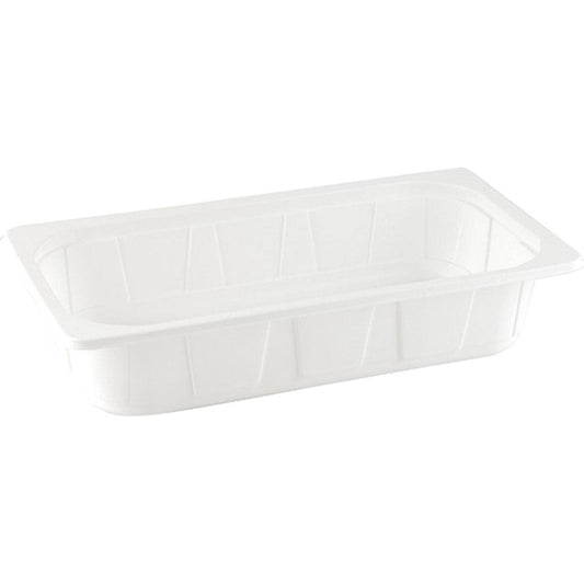 Die Duni GmbH PP Schale 1/3 GN Weiß PP 325x176x65 ist eine weiße rechteckige Kunststoffschale für Lebensmittel, die sich perfekt zum Verpacken oder Servieren von Speisen in der Gastronomie eignet. Verkauft in Packungen mit 144 Stück.