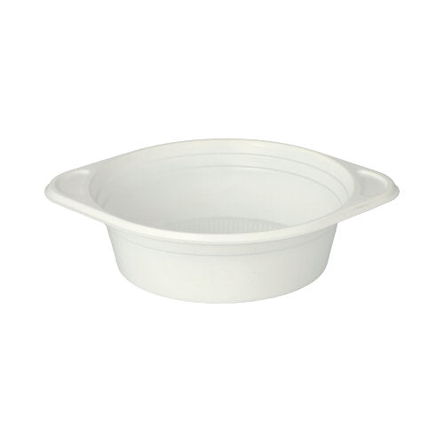 Die Starpak 100 Suppenschalen, PP rund, Ø 15,6 cm von Starpak ist eine weiße runde Suppenschüssel mit zwei kleinen seitlichen Henkeln, ideal als Suppenbecher To Go, abgebildet auf einem schlichten weißen Hintergrund.