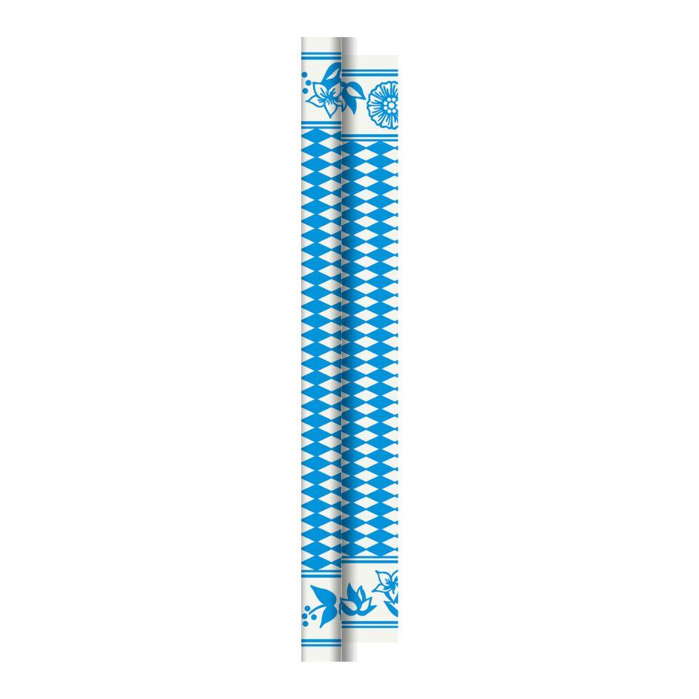 Ein aufgerollter Papierstrohhalm mit blau-weißem Rautenmuster und blauen Blumenenden, ideal für den Einsatz bei großen Veranstaltungen mit Duni Dunicel-Tischdeckenrollen 1,18 m x 10 m von Duni GmbH.