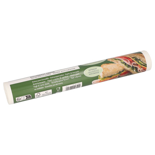 PAPSTAR sandwich paper 25x30 cm, white, 100 sheets with green band shows application instructions and a sandwich photo - perfect for packaging snacks or sandwiches.
