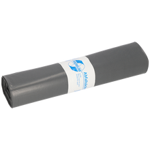 Pictured is a roll of EMIL DEISS KG (GmbH + Co.) DEISS 14304 - 800x1000 mm Type 70 gray | Roll (25 pieces) garbage bags on a white background, wrapped with a white label with blue text and graphics.