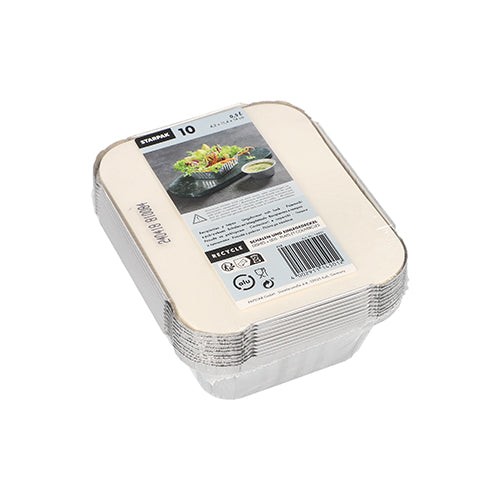 Ein Stapel Starpak 10 Schalen Alu + Einlegedeckel, PP-beschichtet, eckige Lebensmittelbehälter mit einem Papieretikett mit Salat, Dip, Produktinformationen und Barcode. Ideal zur Lebensmittelaufbewahrung. Die Packung enthält 10 rechteckige Behälter. Marke: Starpak.