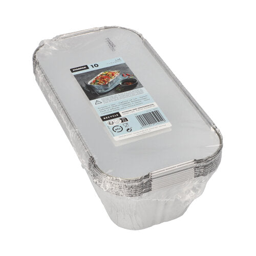 Ein Stapel Starpak 10 Schalen, Alu + Einlegedeckel (PP-beschichtet, eckig) in Plastikfolie mit einem oberen Etikett mit Produktdetails und einem Lebensmittelfoto – ideal für die praktische Lebensmittelaufbewahrung.