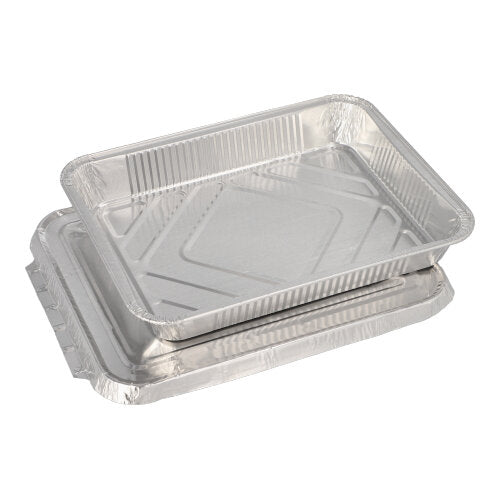 Zwei rechteckige Starpak 50 Menüschalen + Deckel, Alu-Tabletts von Starpak sind vor einem schlichten weißen Hintergrund gestapelt. Jedes Tablett verfügt über erhöhte Ränder und eine leicht strukturierte Oberfläche, ideal für die Menüausgabe in der Gastronomie.