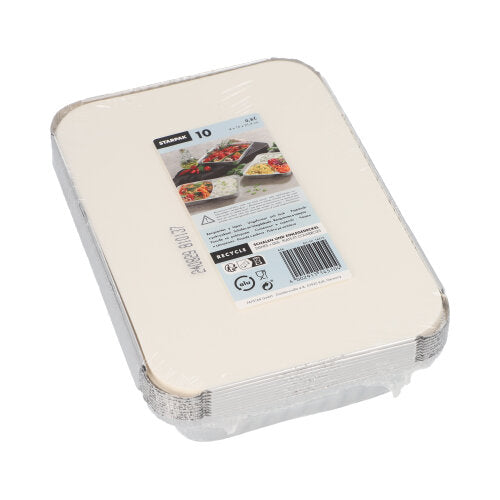 Ein Stapel von Starpak 10 Schalen, Alu + Einlegedeckel, PP-beschichtet Eckig-Tabletts ist in durchsichtigem Kunststoff verpackt. Das Etikett zeigt Produktinformationen und Bilder der Lebensmittel in den rechteckigen Aluminiumschalen. Ideal zur Lebensmittelaufbewahrung.