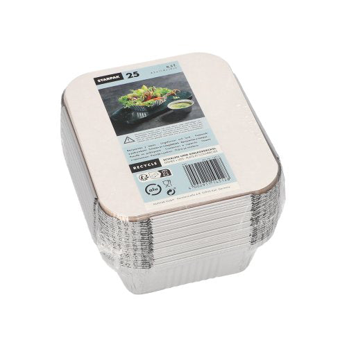 Eine Packung mit 25 Starpak Alu+Einlegedeckel Schalen (PP-beschichtet) wird mit einem Papieretikett mit Produktinformationen, Recyclingsymbolen und Lebensmittelbildern geliefert - perfekt für Catering oder zum Mitnehmen. Marke: Starpak.