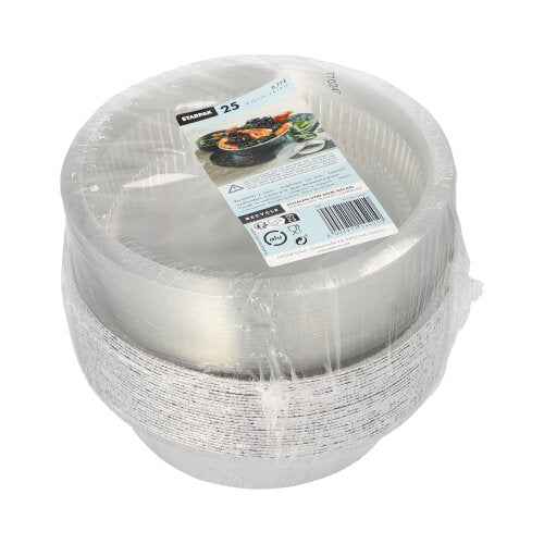 Starpak 25 Schalen, Alu mit Dom-Deckel (rund, 0,77 l, Ø 18,2 cm), eingeschweißt in Schrumpffolie. Enthält Etikett mit Produktinfos und Food-Fotos. Perfekt für die Gastronomie. Packung enthält 25 Stück.