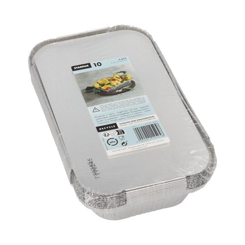 Ein Stapel von zehn Starpak 10 Schalen, Alu + Einlegedeckel, PP-beschichtet Eckig-Tabletts ist in Plastik verpackt und mit einem Etikett mit Produktinformationen und einem Lebensmittelbild versehen – perfekt für die Lebensmittelaufbewahrung.