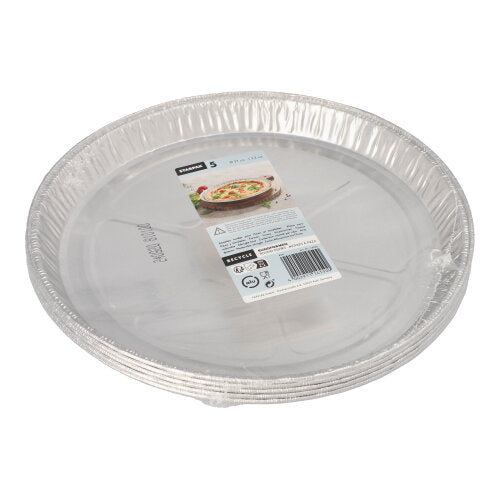 Five round Starpak aluminum baking molds (Ø 27 cm, 2.2 cm) are stacked and wrapped in shrink wrap. The top label shows the brand, product details, and a picture of a baked cake.