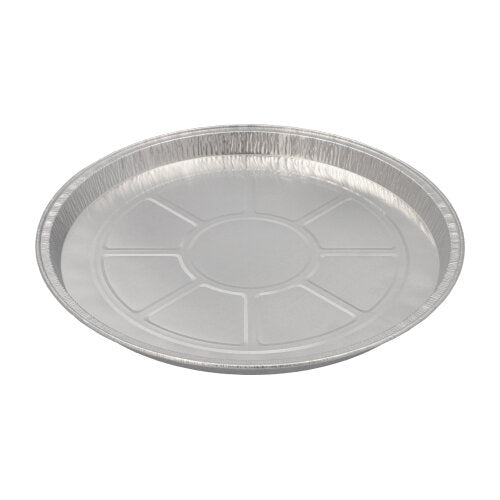 Die Starpak 25 Rundformen, Alu rund von Starpak ist eine runde Einweg-Kuchenform aus Aluminium mit glatter Mitte und geprägten Linien – perfekt zum Backen aufgrund ihrer hervorragenden Wärmeleitfähigkeit, abgebildet auf weißem Hintergrund.