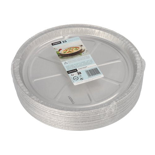A stack of Starpak 25 round molds, aluminum round baking molds is wrapped in plastic and bears a product label on top with a pizza and information about the item's heat conductivity.