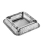 The image shows a square disposable ashtray made of aluminum by Starpak (2.2 x 12.5 x 12.5 cm) with a raised edge and shiny surface, packaged in shrink wrap (50 pieces), ideal for catering use and presented on a white background.