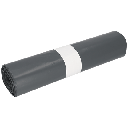 Pictured is a roll of EMIL DEISS KG (GmbH + Co.) DEISS trash bags 575x1000x0.07 mm made from recycled LDPE 70 l black, bundled with a white paper band, on a solid white background.