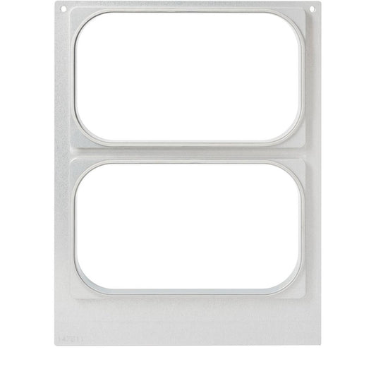 Die Kassette DF15/25 von Duni GmbH ist eine rechteckige Metallplatte für PP 1/4 GN Schalen (265x161 mm in den Höhen 60, 80, 100 mm), mit zwei großen, vertikal gestapelten Ausschnitten, gebürsteter Oberfläche und Löchern in zwei Ecken. Packung mit 1 Stück.