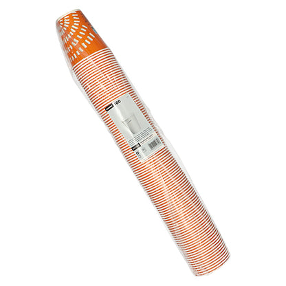 Eine Packung mit 100 Starpak Einweg-Pappbechern (Trinkbecher für Kaltgetränke), jeweils 100 ml, orange-weiß gestreift, verpackt in durchsichtigem Plastik mit einem Produktinformationsetikett in der Mitte.