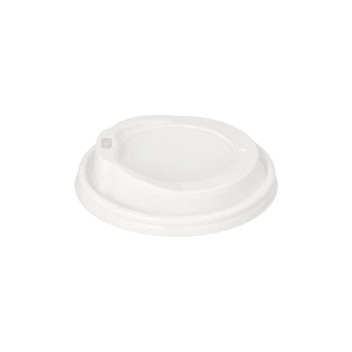 On a plain white background, a white Starpak 100 dome lid, PS "To Go" round disposable lid from Starpak with a raised drinking area and small drinking opening for hot drinks on the go is depicted.