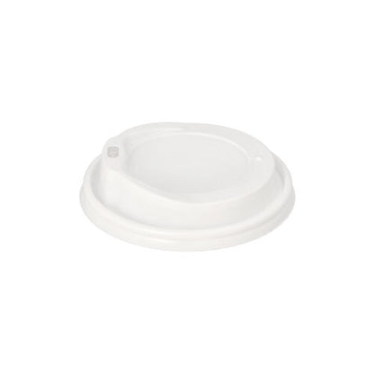 On a plain white background, a white Starpak 100 dome lid, PS "To Go" round disposable lid from Starpak with a raised drinking area and small drinking opening for hot drinks on the go is depicted.