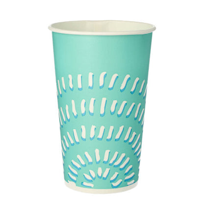 The Starpak 50 drinking cup for cold beverages made of cardboard (0.4 l, Ø 8.97 cm · 13.5 cm) in turquoise with a white interior and a pattern of white and blue semicircles is ideal for cold drinks.