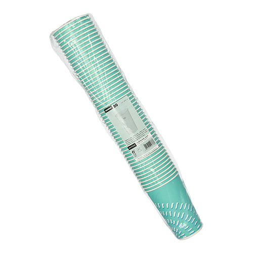 Ein Stapel Starpak 50 türkis Pappe Trinkbecher (0,4 l, Ø 8,97 cm, 13,5 cm) für Kaltgetränke mit weißen Streifen ist in Folie mit einem weißen Etikett samt Produktinfos und Barcode verpackt.