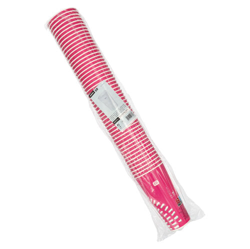 Eine versiegelte Packung mit 50 rosa Starpak-Papier-Trinkbechern (0,5 l, Ø 8,97 cm, 16,83 cm) für Kaltgetränke, ideal für Partys, mit einem Produktetikett auf der äußeren Folienverpackung.