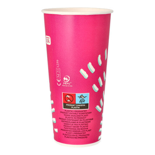The Starpak 50 drinking cups for cold drinks (0.5 l, pink, Ø 8.97 cm, 16.83 cm) made of cardboard with white markings and multilingual text are ideal for parties; each set contains 50 cups.