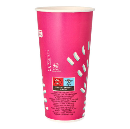 The Starpak 50 drinking cups for cold drinks (0.5 l, pink, Ø 8.97 cm, 16.83 cm) made of cardboard with white markings and multilingual text are ideal for parties; each set contains 50 cups.