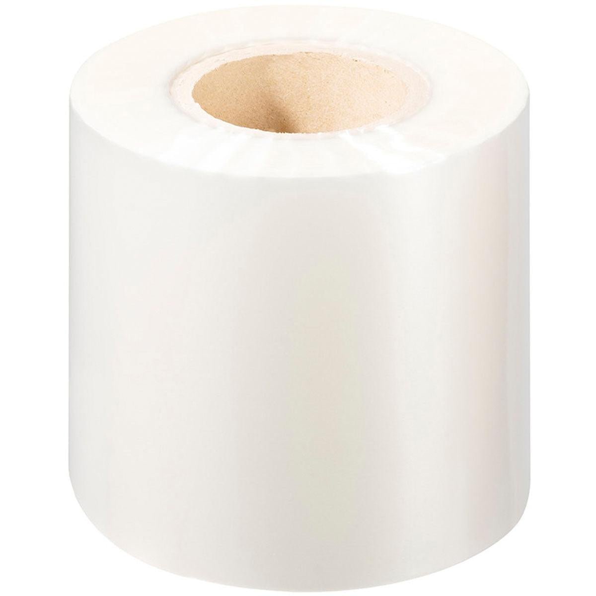 A close-up of a single roll of white Duni GmbH PP sealing film Antifog with a brown core, standing upright on a white background - ideal for food packaging.