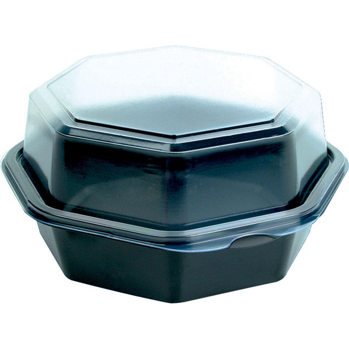 Ein Duni GmbH Octaview® (C&C Packung mit 149871) Schwarz/Transparent PS 160x160x80 Takeout-Container, verschlossen mit einem achteckigen klaren Deckel - ideal als Präsentationsbox oder zur Aufbewahrung von Kleinteilen. Packung (35 Stück).