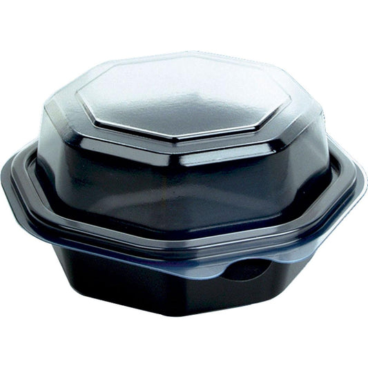 Der Octaview® (C&C Packung mit 866013) der Duni GmbH ist ein schwarzer, achteckiger PS-Behälter mit den Maßen 118x118x60 mm, der mit einem transparenten Scharnierdeckel verschlossen ist. Die leere Aufbewahrungsbox ist schräg dargestellt. Die Packung enthält 35 Stück.