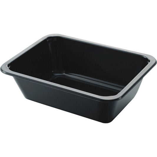 Das CPET Take-Away klein Schwarz Tablett der Duni GmbH ist ein rechteckiger, schwarz glänzender Behälter mit leicht abgewinkelten Seiten, der leer auf weißem Hintergrund abgebildet ist - perfekt für den Einsatz zum Mitnehmen.