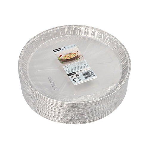 Ein Stapel Starpak 25 Rundformen, Alu rund – runde Einweg-Aluminiumformen mit leicht erhöhtem Rand, beschriftet mit einem Lebensmittelbild, der Menge (25) und Barcodes für hervorragende Wärmeleitfähigkeit. Marke: Starpak.