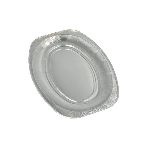 Eine einzelne, leere, ovale Starpak 10 Servierplatte aus Alu ist vor einem schlichten weißen Hintergrund abgebildet – perfekt für Buffets, Catering oder Hochzeitsfeiern.