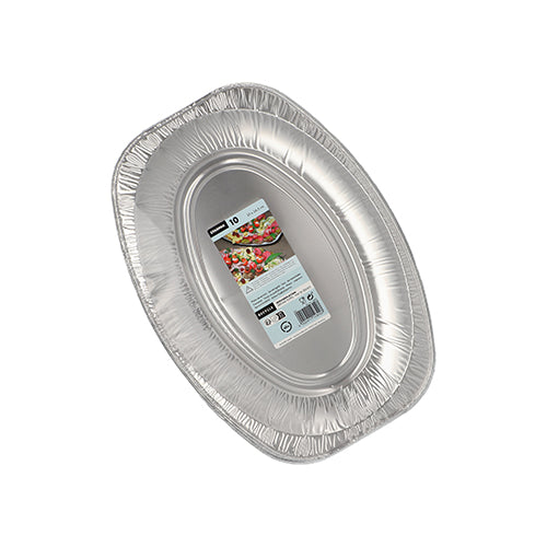 Eine einzelne Starpak 10 Servierplatten, Alu oval, Einwegschale mit zentralem Produktetikett ist auf weißem Hintergrund abgebildet. Als Teil eines 10er-Packs von Starpak verfügt sie über erhöhte Ränder und eignet sich ideal für Buffets, Caterings oder Hochzeitsfeiern.