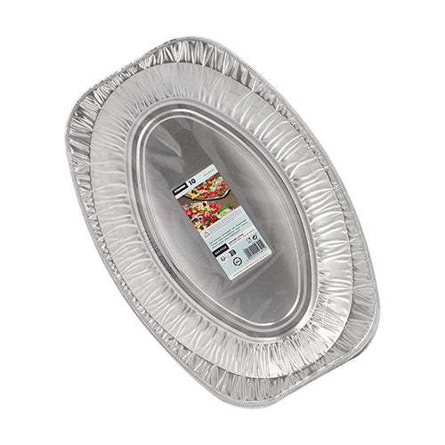 Eine Packung mit 10 Starpak Servierplatten, Alu oval, übereinander gestapelt mit einem Etikett mit Produktdetails und einem Bild des Lebensmittels auf der oberen Platte – ideal für Buffets und Catering.