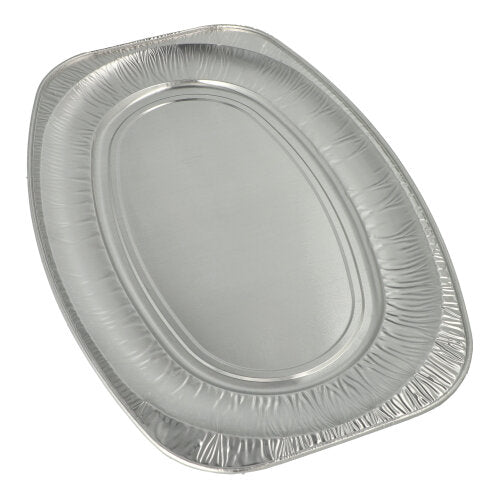 Die Starpak 3 Servierplatten, Alu – ovale Einweg-Aluminiumschalen mit erhöhtem Rand von Starpak – eignen sich perfekt für eine elegante Präsentation und sind auf weißem Hintergrund abgebildet.