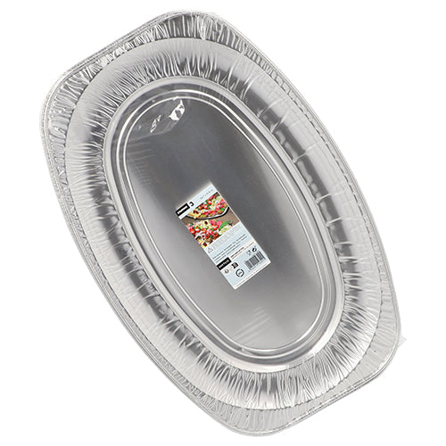 Die Starpak 3 Servierplatten, Alu von Starpak sind ovale Aluminiumschalen mit einem klaren zentralen Etikett mit Produktinformationen und einem Lebensmittelbild. Die saubere, leere Schale eignet sich ideal für eine elegante Präsentation bei jedem Anlass.