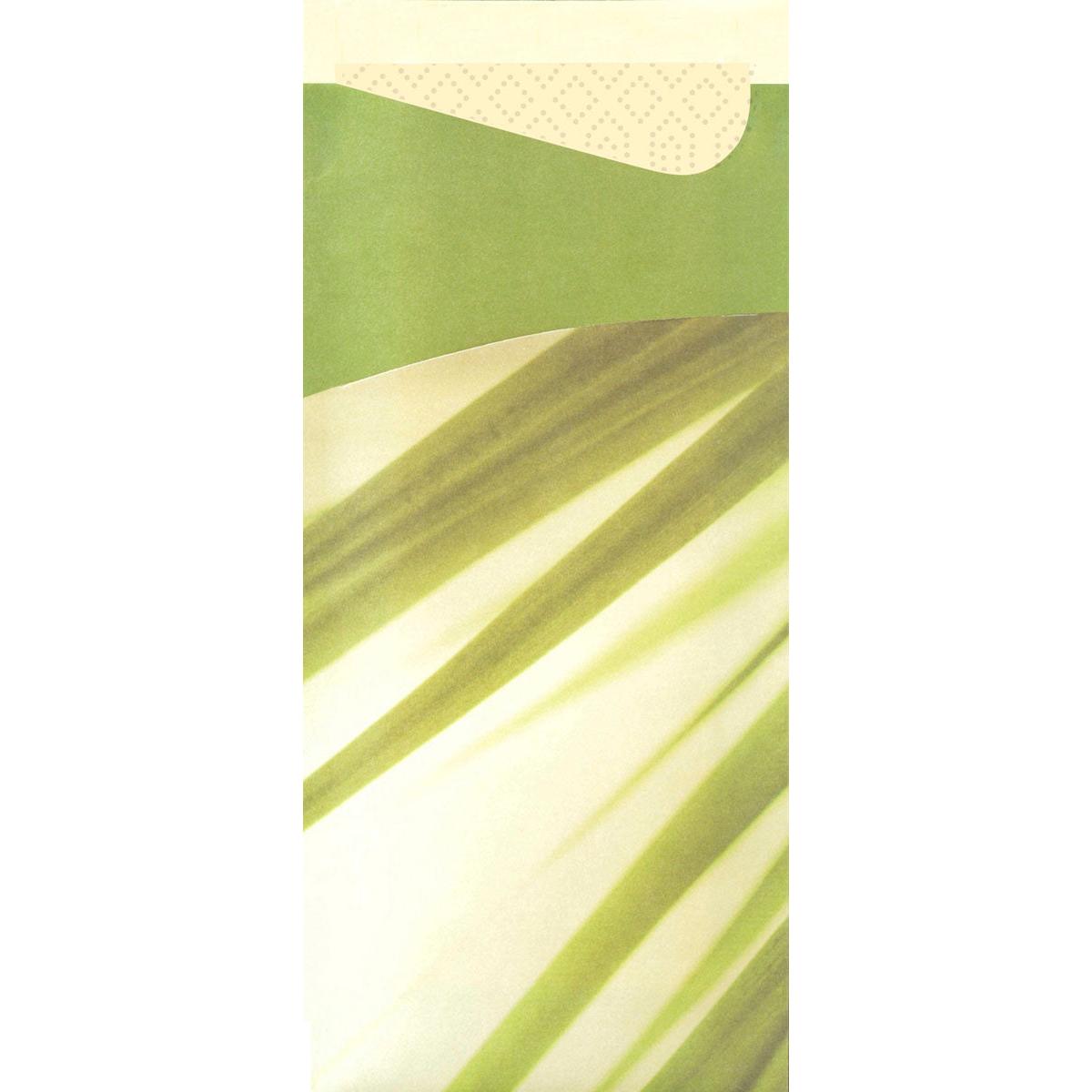 Eine Nahaufnahme des Sacchetto Zelltuch 190 x 85 mm von Duni GmbH, in grün und cremefarben mit diagonalen grünen Streifen und einer einfarbig grünen, gewellten Klappe, perfekt für die Aufbewahrung von Einwegtaschentüchern.