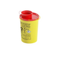 The AMPri CP Needle Disposal Box 0.6 L, manufactured by AMPri Handelsgesellschaft mbH, is a durable container made of copolymer polypropylene in yellow with a red lid. It contains warning notices and symbols for biohazard and safety from sharp objects, features a leak-proof design, has a carrying handle for convenient transport, and offers a round opening for the safe disposal of needles.