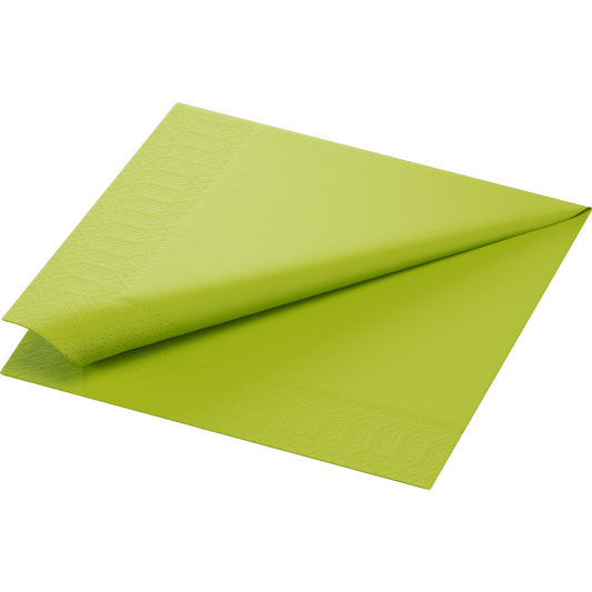 Eine gefaltete kiwigrüne Zelltuchserviette der Duni GmbH, 40x40 cm, 3-lagig, 1/4-Falz mit geprägtem Randmuster, abgebildet auf weißem Hintergrund. Packung mit 250 Servietten.