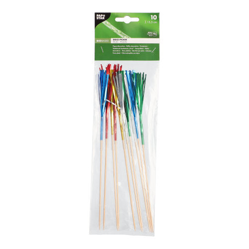A transparent plastic package with 10 PAPSTAR decoration picks from PAPSTAR GmbH, each with shiny red, blue, green, or silver metallic fringes. Ideal for finger food, the package features a green product info label at the top edge.
