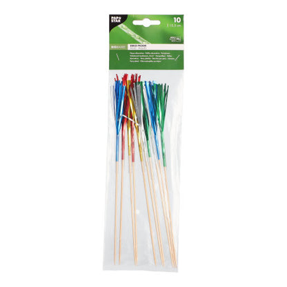 A transparent plastic package with 10 PAPSTAR decoration picks from PAPSTAR GmbH, each with shiny red, blue, green, or silver metallic fringes. Ideal for finger food, the package features a green product info label at the top edge.