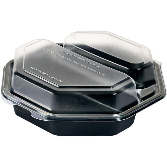 Ein Duni GmbH Octaview® 2 Schwarz / Transparent PS 190x190x60 Takeout-Container (Packung, 290 Stück) mit einem klaren, transparenten Deckel und erhabenen Schriftzügen "MICROWAVABLE" und "NO HEAT LAMPS"; Verpackung ist leer und verschlossen.