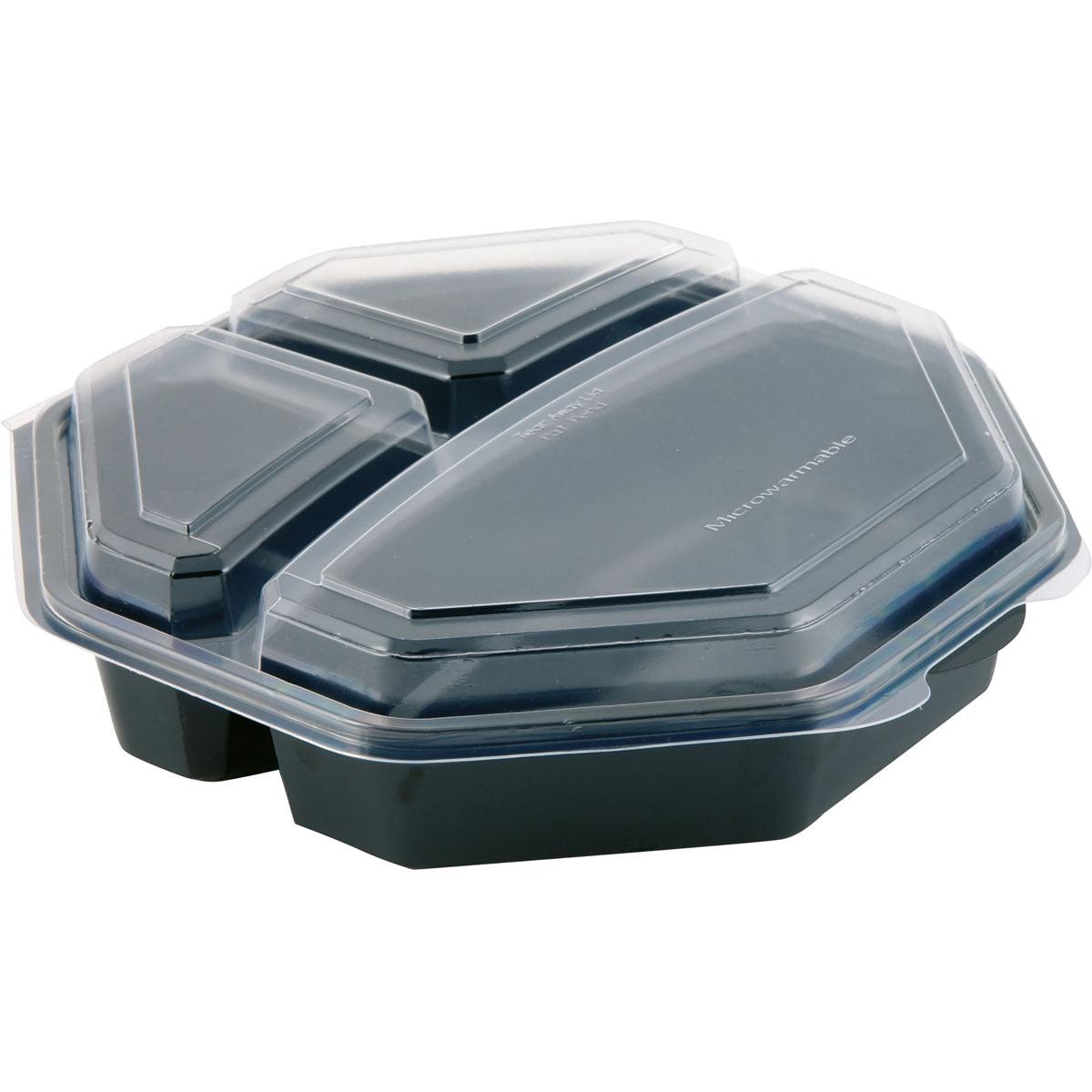 Der Octaview® 3 Schwarz/Transparent PS 230x230x60 von Duni GmbH ist eine schwarze Lebensmittelverpackung mit drei Fächern und klarem, passendem Deckel. Ideal für Aufbewahrung oder Take-away. Packung: 160 Stück.