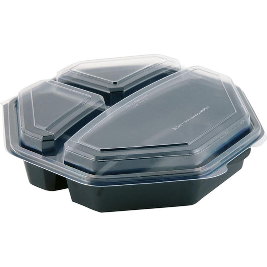 Der Octaview® 3 Schwarz/Transparent PS 230x230x60 von Duni GmbH ist eine schwarze Lebensmittelverpackung mit drei Fächern und klarem, passendem Deckel. Ideal für Aufbewahrung oder Take-away. Packung: 160 Stück.