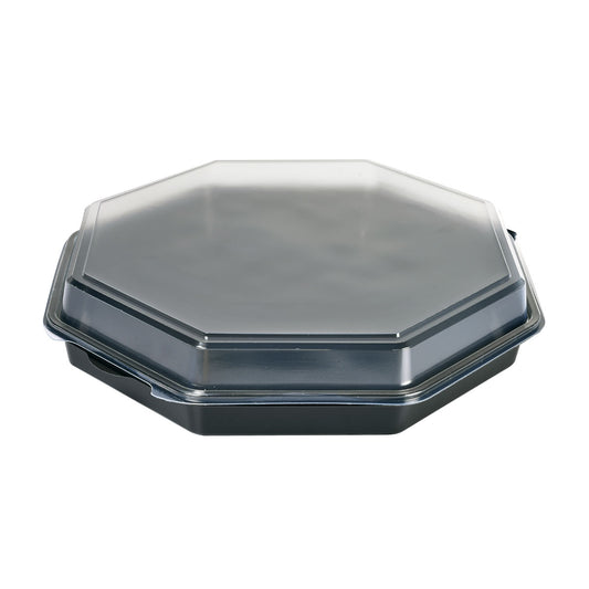 Abgebildet ist ein geschlossener Octaview® Schwarz/Transparent PS 305x305x60 Takeout-Container der Duni GmbH (Packung, 75 Stück) von oben mit klarem Deckel auf einfarbig weißem Hintergrund.