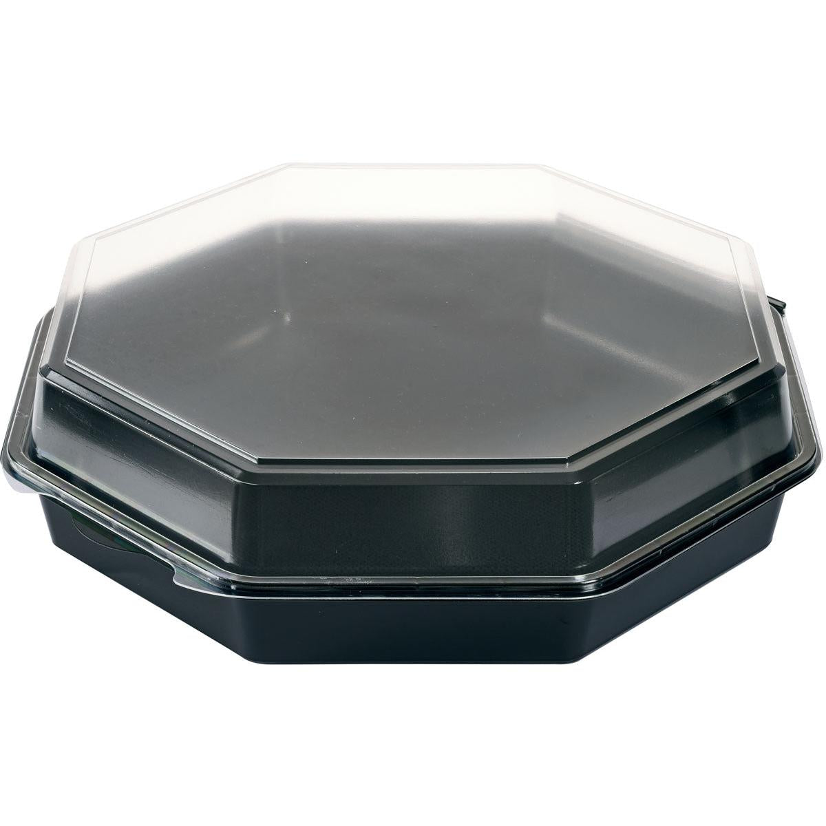 Ein Octaview® Schwarz/Transparent PS 305x305x80 Takeout-Behälter der Duni GmbH mit transparentem Deckel, achteckiger Form und schwarzem Boden, abgebildet auf weißem Hintergrund. Packung (75 Stück).