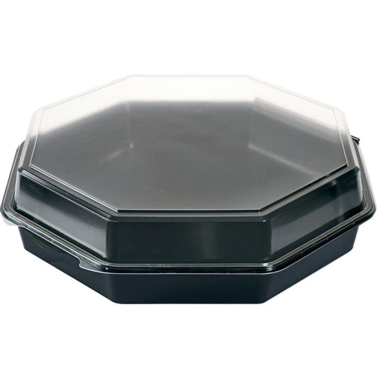Ein Octaview® Schwarz/Transparent PS 305x305x80 Takeout-Behälter der Duni GmbH mit transparentem Deckel, achteckiger Form und schwarzem Boden, abgebildet auf weißem Hintergrund. Packung (75 Stück).