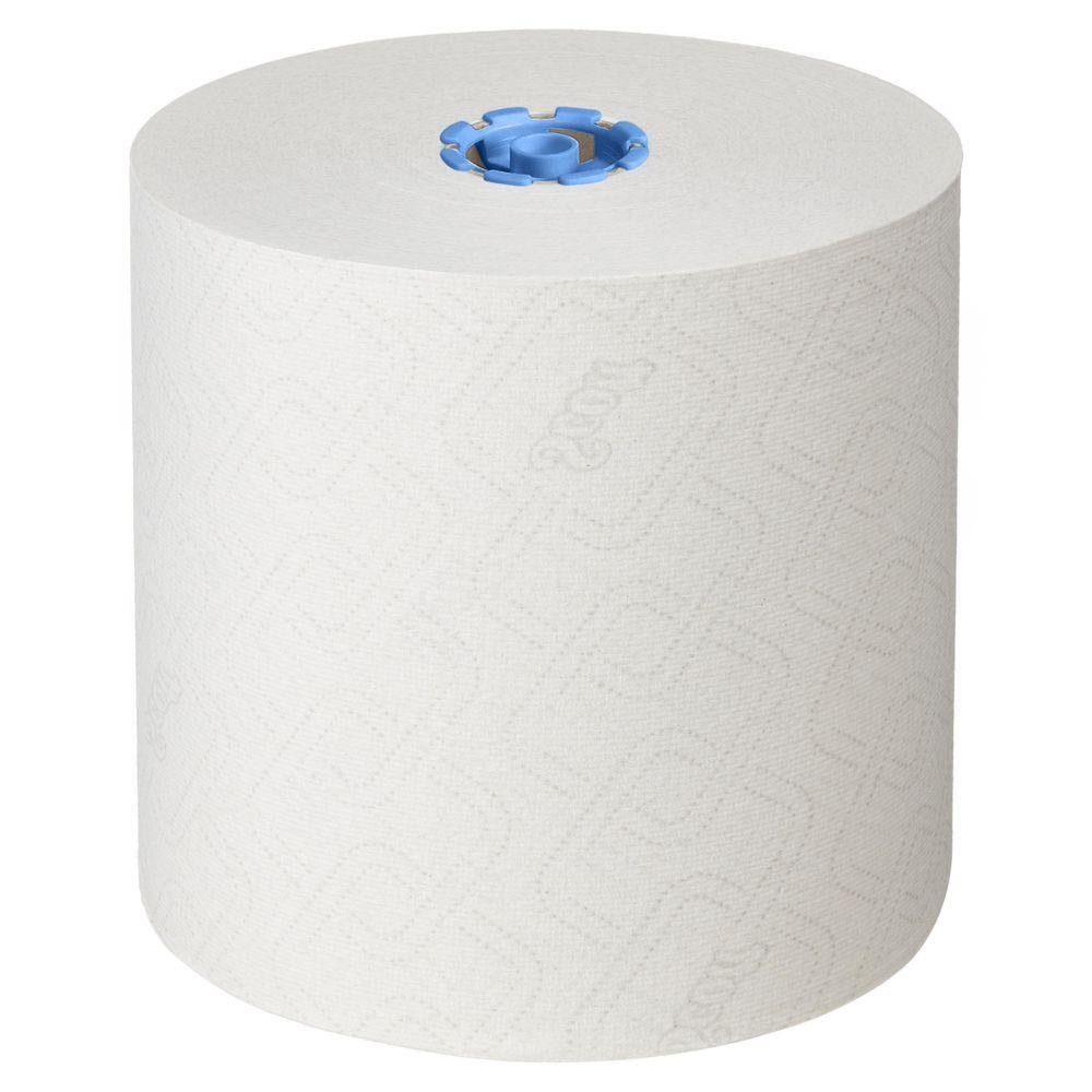 Eine große, weiße Scott® Essential™ Rollenhandtücher 6638 Großrolle von Kimberly-Clark GmbH mit blauem Kunststoffkern steht aufrecht; ihre strukturierte 1-lagige Oberfläche nutzt die Airflex-Technologie für überragende Saugfähigkeit und Leistung. 6 Rollen pro Packung.
